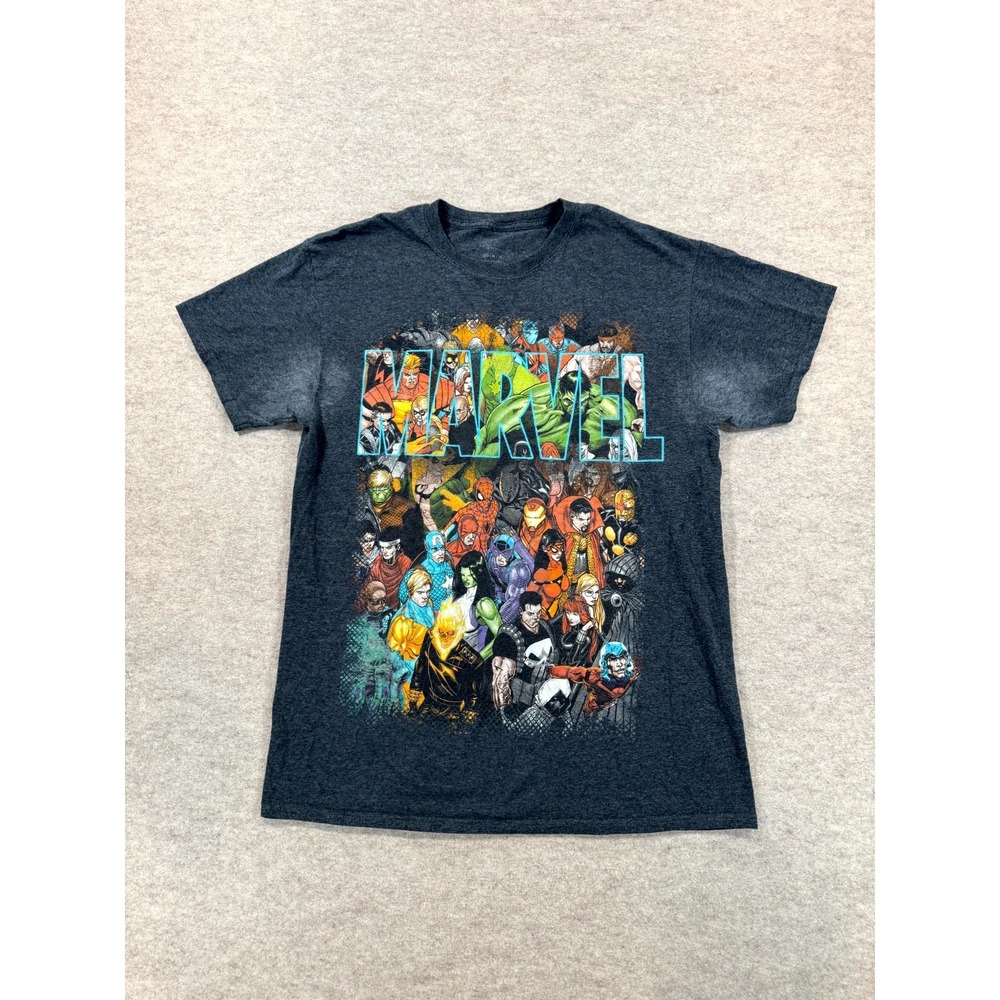 Mens Marvel Graphic T Shirt Medium Charcoal Gray Cotton Regular Fit Crew Neck